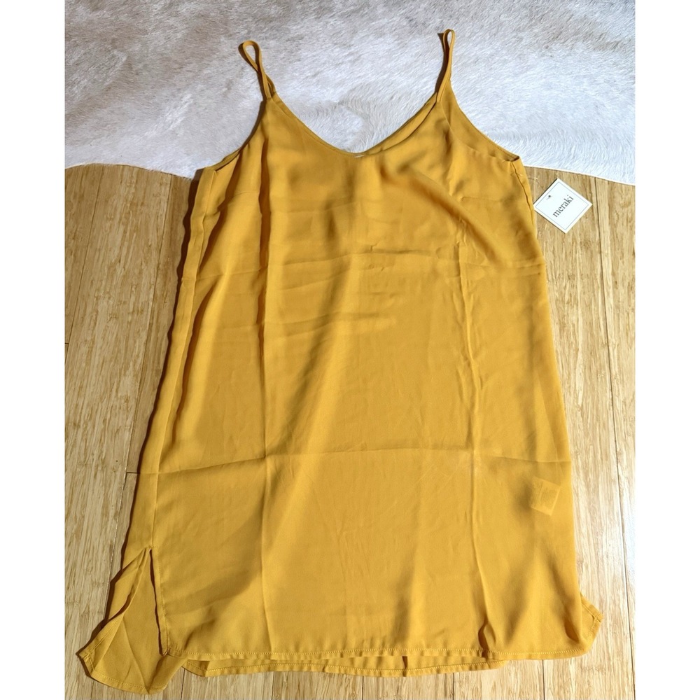 Meraki womens yellow short dress V-Neck size Medium NWT Sheer Like But Solid